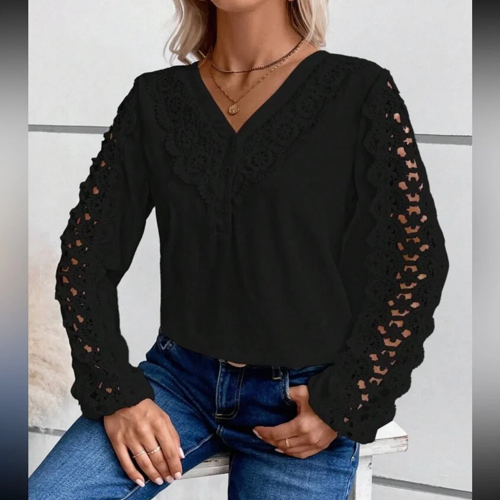 Luxe lace detail V neck blouse
